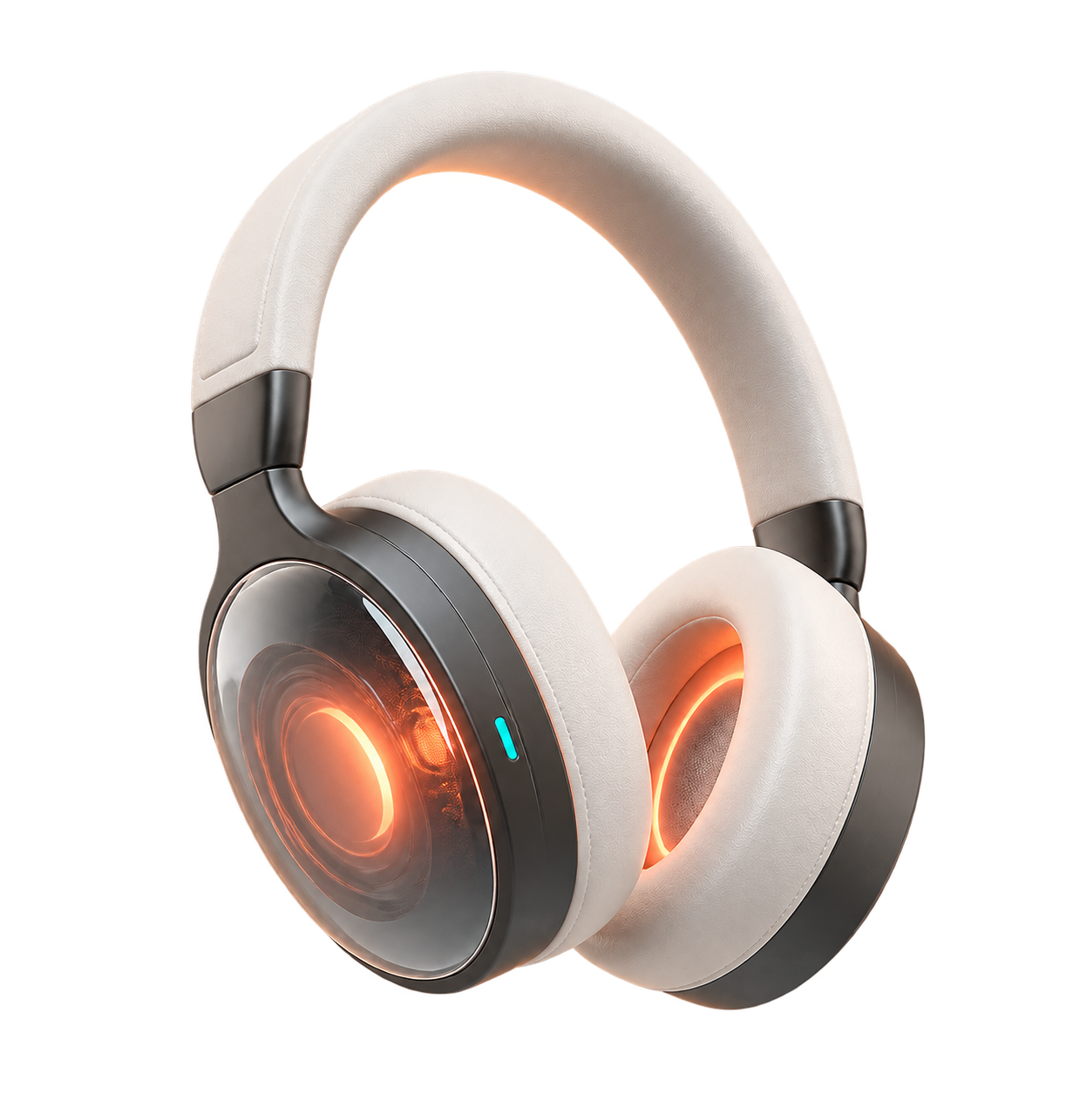 Warm white over-ear headphones with an orange acoustic glow